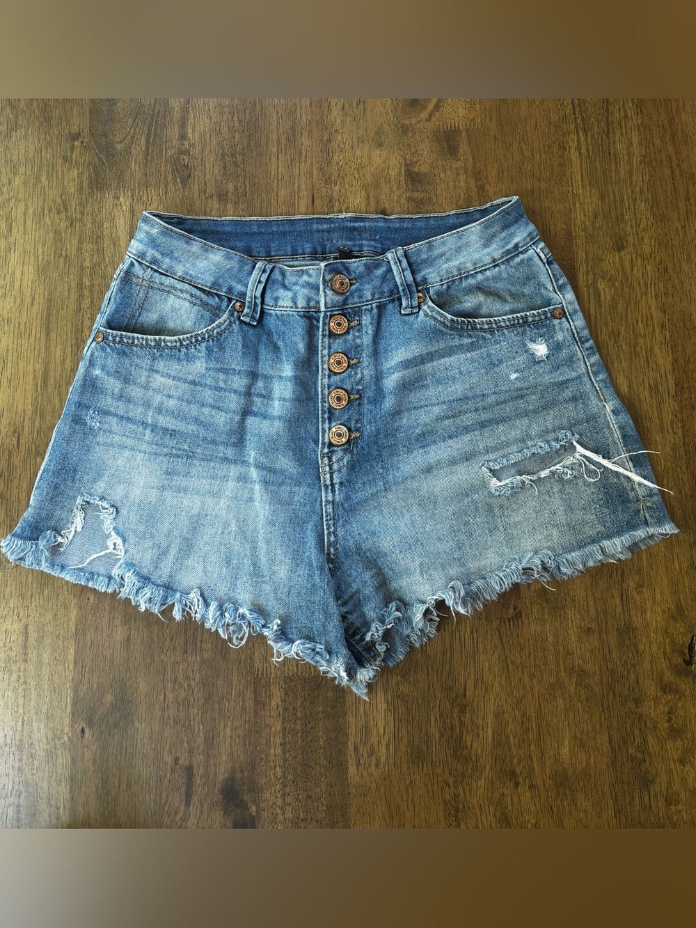 Rewash Light Blue High-Rise Distressed Button-Front Jean Shorts